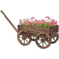 Outsunny Vaso per fiori con design da carrello in legno, carrello per piante con maniglia, ideale per il giardino
