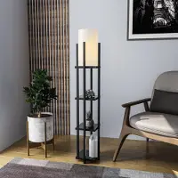 Opviq Lampada da terra 8111 nera, mensola, paralume in tessuto bianco