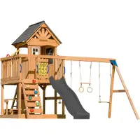 Axi Jack Casetta per bambini in legno con 2 altalene, scivolo grigio / Parco giochi all'aperto, recinto con sabbia, trapezio / parete di arrampicata | Giochi in legno per esterni