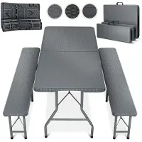Everbrent Set da 3 pezzi Blumtal per birreria all'aperto - 2 panche + 1 tavolo - set da birreria all'aperto pieghevole e resistente per 8 persone - con maniglia, effetto rattan grigio