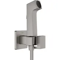 Hansgrohe Bidette Douchette à main 1jet E EcoSmart pour eau froide, avec support de douche et flexibles de douche, design anguleux, 29231340, 29231340