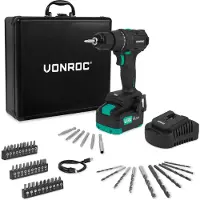Vonroc Trapano Avvitatore PRO 20V – Motore Brushless – 40Nm | Con batteria 4.0Ah, caricatore rapido e 46 accessori in valigetta di lusso