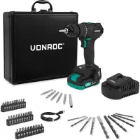 Vonroc Trapano Avvitatore PRO 20V – Motore Brushless – 40Nm | Con Batteria 2.0Ah, Caricabatterie Rapido e 46 Accessori in Valigetta di Lusso