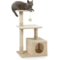 Lionto tiragraffi per gatti , albero tiragraffi e giochi compatto da 85 cm con grotta, 2 piattaforme, palla di peluche e bastoncini di sisal, con supporto a parete, beige