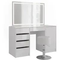 Vicco Tavolo da toeletta Sherry Bianco/Bianco lucido 128.2 cm con specchio LED e sgabello, Model 57642