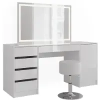 Vicco Tavolo da toeletta Sherry Bianco/Bianco lucido 158.2 cm con specchio LED e sgabello, Model 57666
