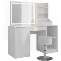 Vicco Tavolo da toeletta Sherry Bianco/Bianco lucido 128.2 cm con specchio LED e sgabello, Model 57628