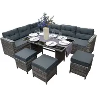 MonsterShop Set da giardino in rattan grigio per 9 persone, completo di tavolo e sgabelli