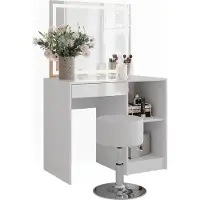 Vicco Tavolo da toeletta Sherry Bianco/Bianco lucido 89.8 cm con specchio LED e sgabello, Model 57681