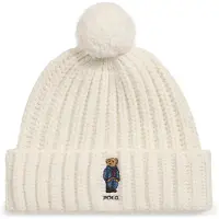 Ralph Lauren per donna. 455931876001 Berretto a coste con Polo Bear e pompon bianco crema (OSFA), Casual, Lana