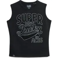 Superdry per donna. W6011898A T-shirt nera decorata in stile retrò (M), Nero, Casual, Cotone, Senza maniche / cinghie