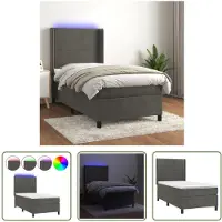 The Living Store Letto a molle con materasso e LED in velluto grigio scuro 90x200 cm