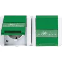 JUNG 8220 GN NAWEB Presa a 2 vie con simbolo di ricarica per e-bike + coperchio incernierato + campo iscrizioni IP44 grigio/verde
