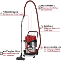Einhell Aspirapolvere per liquidi e polveri – 50 L – 230 mbar – 1300 W – Filtro HEPA – Classe L – Serbatoio in acciaio inossidabile
