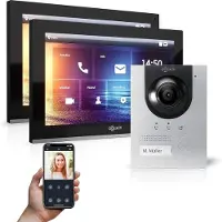 Goliath Set videocitofono IP da esterno per casa unifamiliare (postazione porta argento a 180°, 2 monitor touchscreen da 10" neri, app)