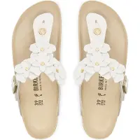 Birkenstock per donna. 1026735 Sandali in Pelle Gizeh Flower Embellishment (Calzata Stretta) bianco (40), Basso, Fibbia, Casual