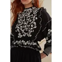Farm Rio Black Embroidered Ruffle Longe Sleeve Blouse Taglia: XXS | Maglie a manica lunga Outlet | Donna