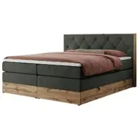 MKS Meble Letto continentale boxspring VENETO KING combinazione di legno e tessuto - 160x200 cm - Multipocket H4|Grigio Tessuto strutturato - Topper T25