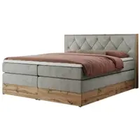 MKS Meble Letto continentale boxspring VENETO KING combinazione di legno e tessuto - 140x200 cm - Multipocket H3|Grigio chiaro Tessuto strutturato - Topper T25