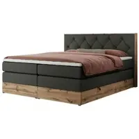MKS Meble Letto continentale boxspring VENETO KING combinazione di legno e tessuto - 140x200 cm - Multipocket H3|Ecoleder grigio - Topper T25