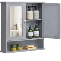 Vasagle Armadio a specchio, armadio da bagno, armadio a muro, pensile con 2 ante a specchio e ripiano aperto, ripiano regolabile, montaggio a parete, 13 x 56,5 x 58,5 cm, grigio tortora LHC002G02