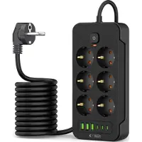 TechProtection Pc6X6 Striscia di alimentazione 3 Usb e 3 Type-C e 6 prese 200Cm Nero