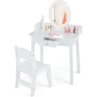 Costway Tavolo da trucco per bambini 2 in 1 con sgabello, tavolo da toilette con specchio illuminato, cassetto e organizzatore di gioielli, tavolo cosmetico in legno da principessa per bambini, bianco