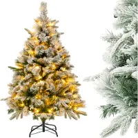 Costway Albero di Natale artificiale 136 cm con neve, albero di Natale con 150 LED bianchi caldi, 384 punte di rami misti, albero di Natale artificiale