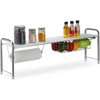Relaxdays : mensola da lavello con portarotolo, mensola da cucina con cestino, metallo, A x L x P: 32 x 94 x 23 cm, bianco/argento