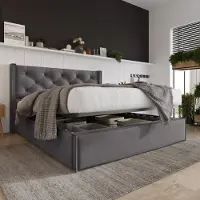 Flieks Letto imbottito 160x200cm con rete idraulica, giroletto e rete a doghe, letto contenitore, letto funzionale, cotone, grigio