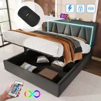 MODFU Letto matrimoniale imbottito (140 x 200 cm, materasso escluso), letto matrimoniale con illuminazione a LED + funzione di ricarica USB/Type-C