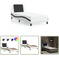 The Living Store Struttura letto con LED bianco e nero 100x200 cm in ecopelle
