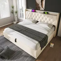 OKWISH letto imbottito boxspring 140 x 200 cm con testata con porta di ricarica USB e Type-C, letto idraulico con presa di corrente e illuminazione LED (senza materasso) -Poliuretanobianco