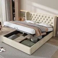 STILVORA Letto imbottito 160 x 200 cm con cuciture a bottoni, letto matrimoniale, letto funzionale idraulico con contenitore, velluto, beige (senza materasso)