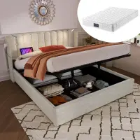 OKWISH Letto imbottito singolo 140x200 con spazio contenitore, lampada da lettura con funzione di ricarica, letto per bambini in lino 140x200, colore naturale (con materasso e rete)