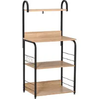 HOMCOM Scaffali da cucina - Scaffale per microonde - Armadietto per microonde - 3 ripiani, vassoio, ganci - Truciolato in look rovere chiaro, struttura in metallo nero