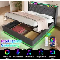 OKWISH letto imbottito boxspring 140 x 200 cm con testata con porta di ricarica USB e Type-C, letto idraulico con presa e illuminazione LED (senza materasso) - grigio lino