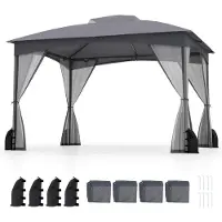 Costway Gazebo 3x3,6 m, gazebo da giardino con 4 sacchi di sabbia, 4 zanzariere, doppio tetto e borsa per il trasporto, gazebo per feste impermeabile, stabile, invernale grigio