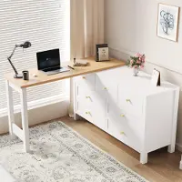 Flieks Scrivania con cassettiera, scrivania ad angolo con piano girevole a 360°, credenza con 7 cassetti, 120x40x70cm, bianco