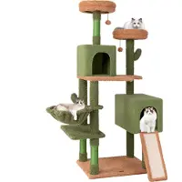 Costway Albero per gatti cactus alto 160 cm, albero per gatti con piattaforme, giocattoli, paletti in sisal, scala, cesto e 2 grotte per gatti, torre per gatti in legno, verde, marrone