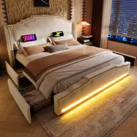 MODFU Letto imbottito 160×200 cm, letto matrimoniale giovanile con 4 cassetti, illuminazione a LED e connessione di ricarica USB-C, con rete a doghe, velluto, senza materasso, beige