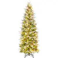 Costway Albero di Natale artificiale , 190 cm, con illuminazione e neve, a forma di abete stretto, con 280 luci LED bianco caldo e 60 pigne