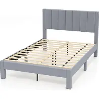 Costway Struttura letto per materasso 200x140cm, struttura letto matrimoniale imbottita, letto a piattaforma con testiera, rete a doghe e cuscino per i piedi, grigio, modello I, M