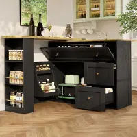 OKWISH Tavolo da bar pieghevole con portaoggetti, mobile da cucina con ripiano per snack, mobile da cucina telescopico, isola da cucina nera