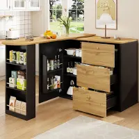 STILVORA Isola da cucina con 3 cassetti, tavolo da bar allungabile ruotabile a 360°, mobile da cucina in MDF con ripiani, nero+vena di legno