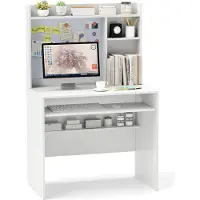 Costway Scrivania scrivania per computer piccola con bacheca magnetica, piano, vassoio per tastiera e ripiano regolabile, scrivania per ufficio 89x50x138cm bianco