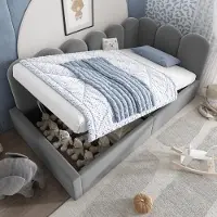 MODFU divano letto per bambini 90x190 cm, struttura letto grigio su velluto, letto singolo con rete a doghe in metallo, letto da giorno con contenitore idraulico su coulisse in tessuto