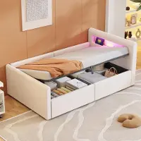OKWISH letto imbottito 90×200 con luce LED e luce notturna, letto per bambini con porta di ricarica USB e spazio di archiviazione, letto singolo con ripiano, senza materasso, tessuto di velluto, beige