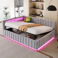 MODFU Divano letto 140x200 con materasso, letto matrimoniale con contenitore - spazio contenitivo, divano letto con luce a LED e presa di ricarica USB, letto con contenitore, grigio chiaro