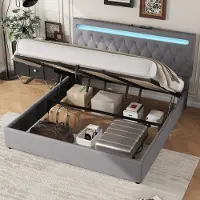 STILVORA Letto per ragazzi 180x200, letto piatto con meccanismo di sollevamento idraulico, illuminazione d'ambiente a LED, porte di ricarica USB e Type-C, letto matrimoniale grigio (senza materasso)